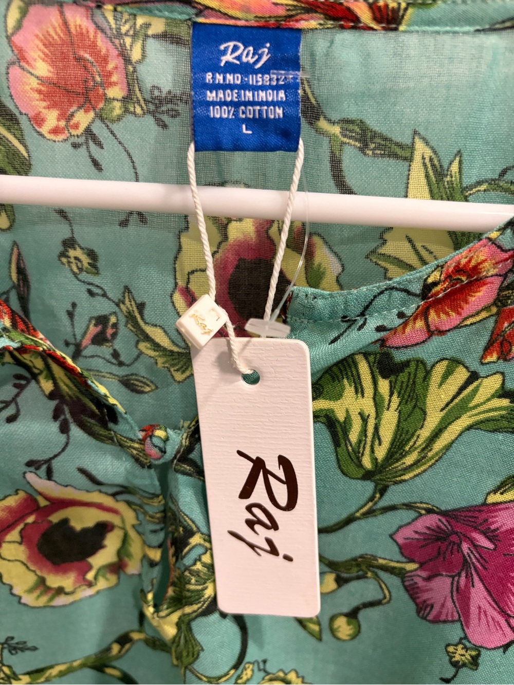 Raj Teal Floral Print Tunic with Pink and Yellow Blooms Size L - Picture 2 of 3